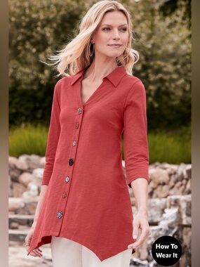 Soft Surroundings Tunic Top Pink 100% Cotton Artsy Buttons Spring Women